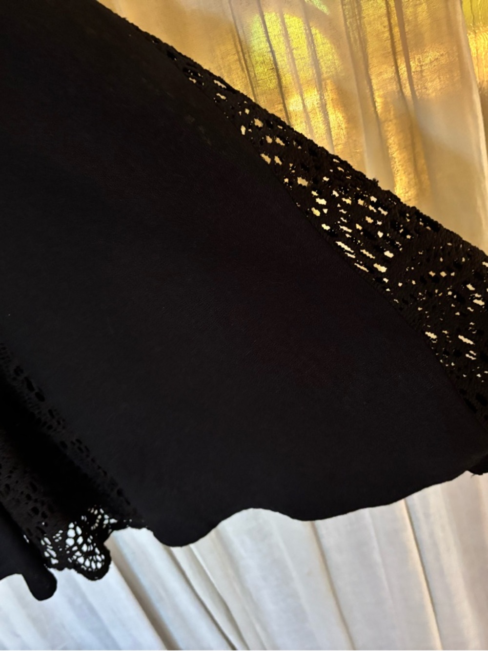 Black boho linen blend fishtail flounce skirt crochet panels! Sz 8 M